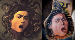 Timothy Boor proves that tattooists are artists too with this tribute to Caravaggio's Medusa inked onto a client's balled fist.  (Source: Timothy Boor)