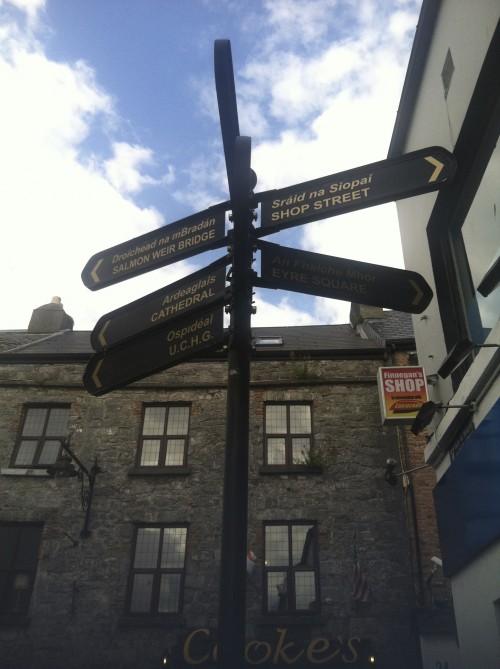 A bilingual street sign in Galway City, Ireland. 