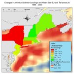 A map of changes in lobster landings throughout the fishery, as well as water temperature changes in the North Atlantic.