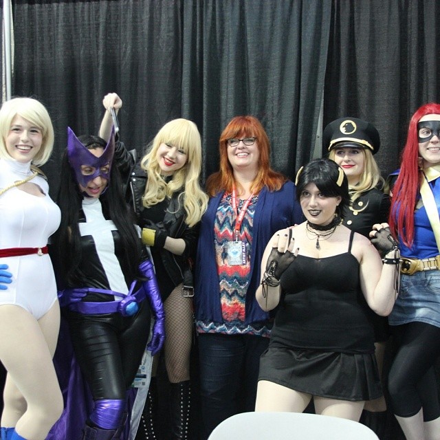 Rachel Knight and friends dressed as the Birds of Prey team with Gail Simone.